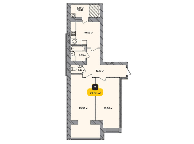 ЖК Студенческий: планировка 2-комнатной квартиры 71.5 м²