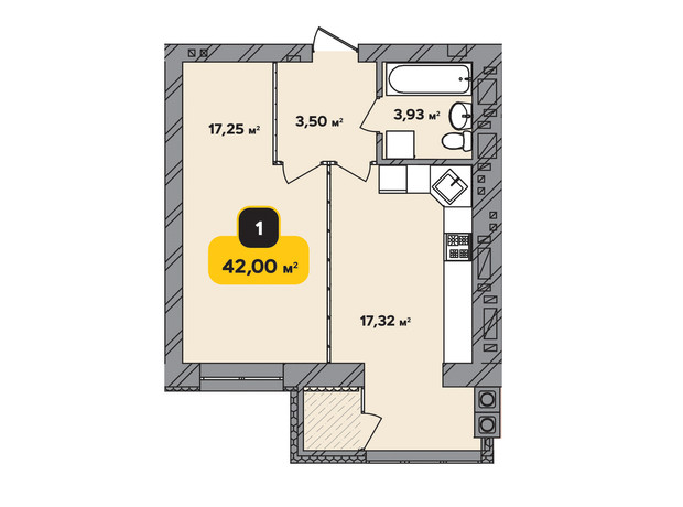 ЖК Студентський: планування 1-кімнатної квартири 42 м²
