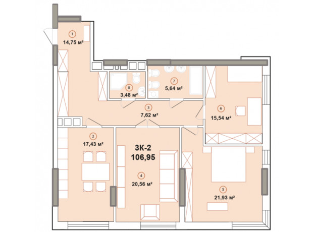 ЖК Edelweiss House: планування 3-кімнатної квартири 106.95 м²