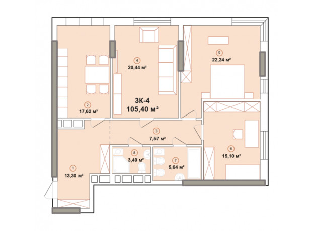 ЖК Edelweiss House: планировка 3-комнатной квартиры 105.4 м²