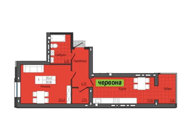 ЖК Затишок: планування 1-кімнатної квартири 59.1 м²