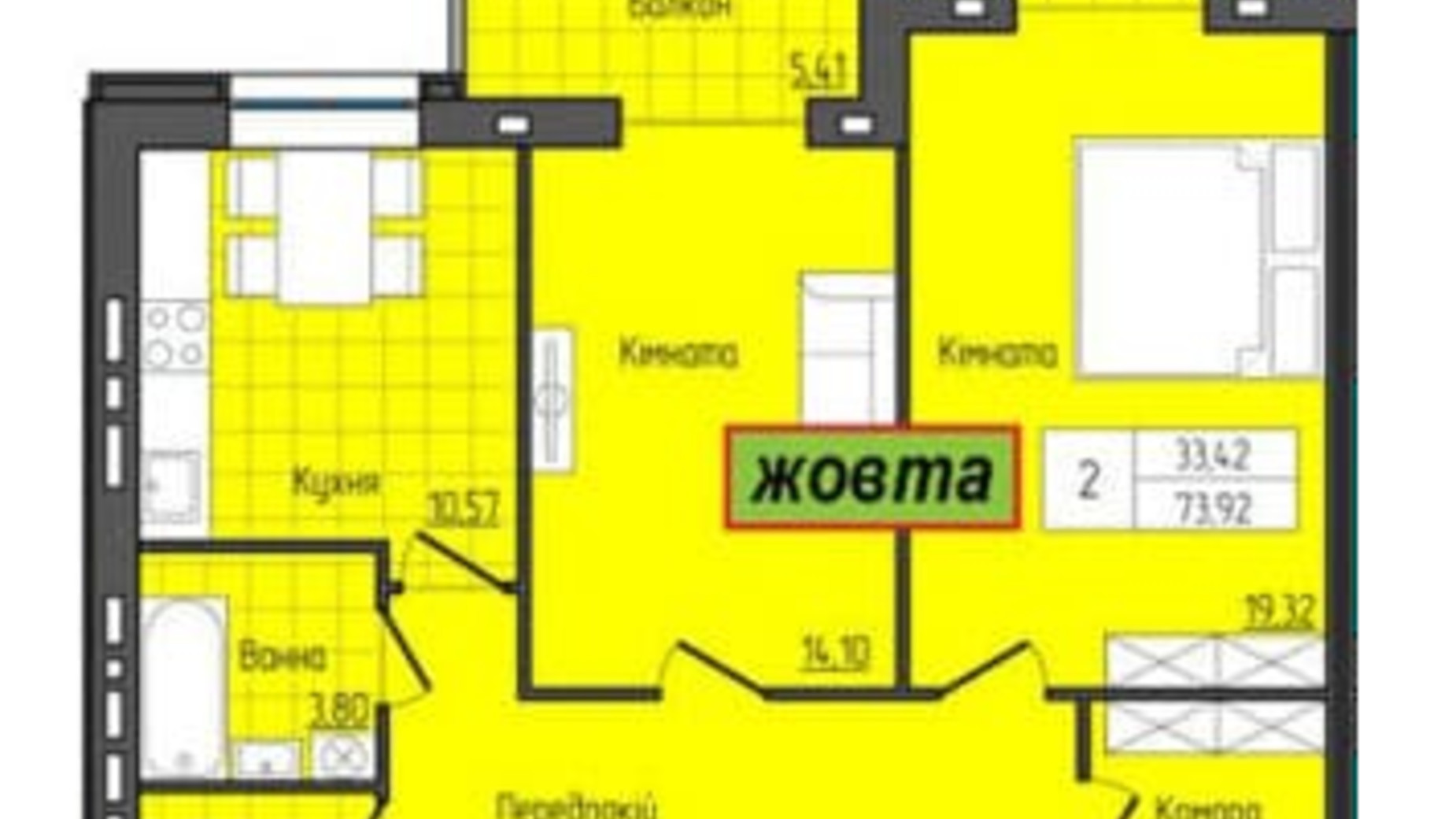 Планування 2-кімнатної квартири в ЖК Затишок 75.14 м², фото 500507