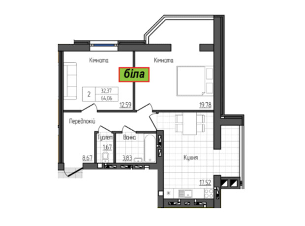 ЖК Затишок: планировка 2-комнатной квартиры 64.06 м²