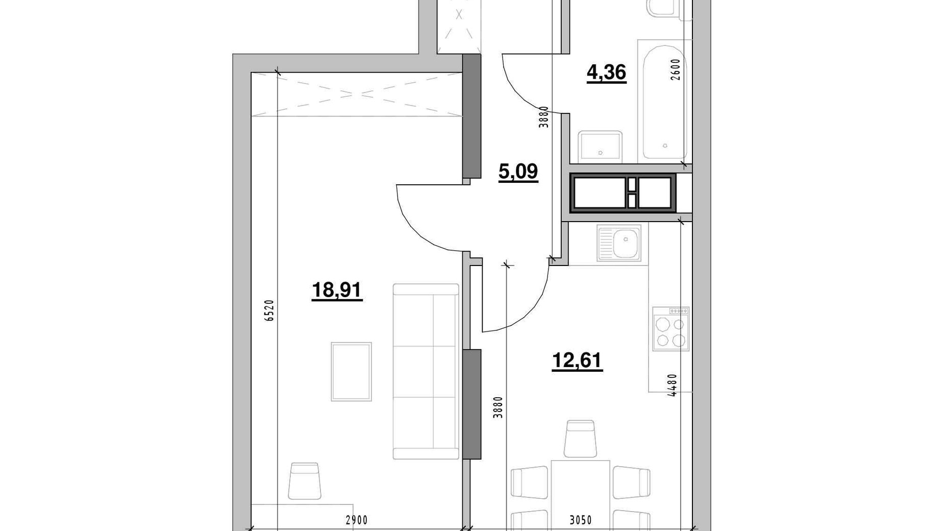 Планування 1-кімнатної квартири в ЖК Nordica Residence 40.97 м², фото 502066