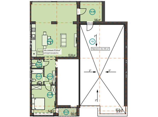 КМ Hygge Home: планування 2-кімнатної квартири 123.2 м²