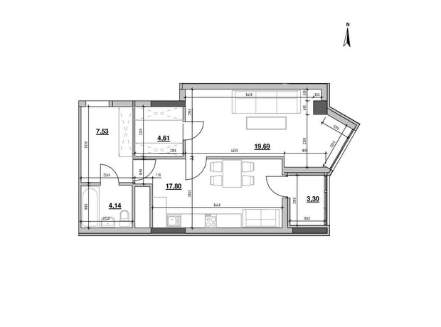 ЖК Nordica Residence: планування 1-кімнатної квартири 57.07 м² ЖК Nordica Residence: планування 1-кімнатної квартири 57.07 м²