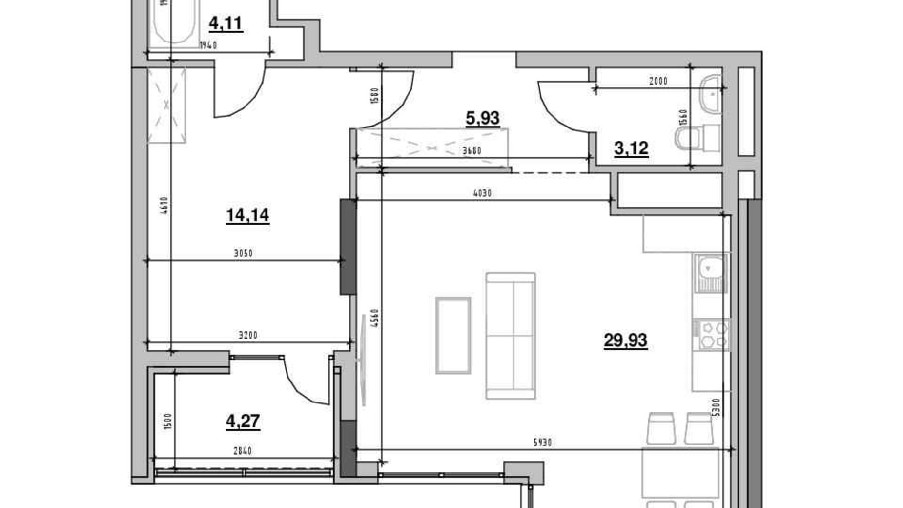 Планування 1-кімнатної квартири в ЖК Nordica Residence 61.51 м², фото 502244