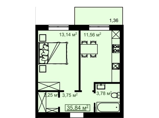 ЖК на Білогірській: планування 1-кімнатної квартири 35.84 м²