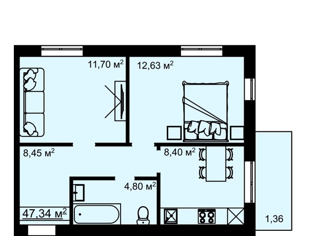 ЖК на Белогорской: планировка 2-комнатной квартиры 47.34 м²