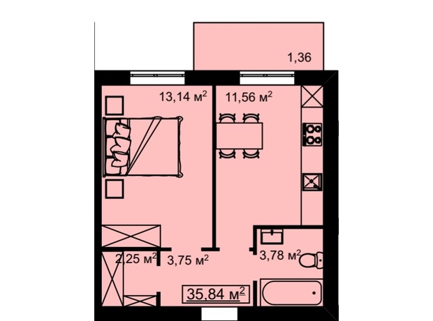 ЖК на Белогорской: планировка 1-комнатной квартиры 35.84 м²