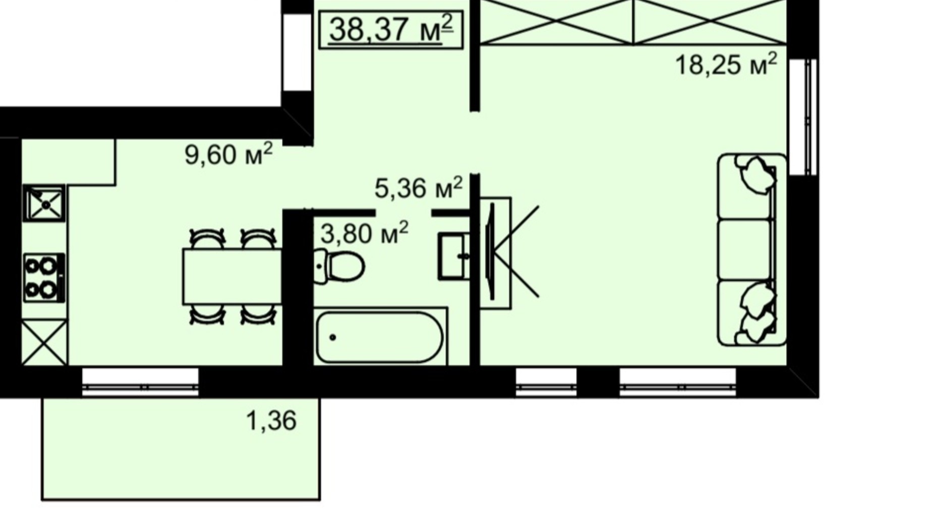 Планування 1-кімнатної квартири в ЖК на Білогірській 38.37 м², фото 502259