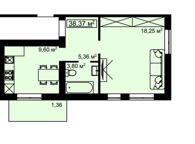 ЖК на Білогірській: планування 1-кімнатної квартири 38.37 м²