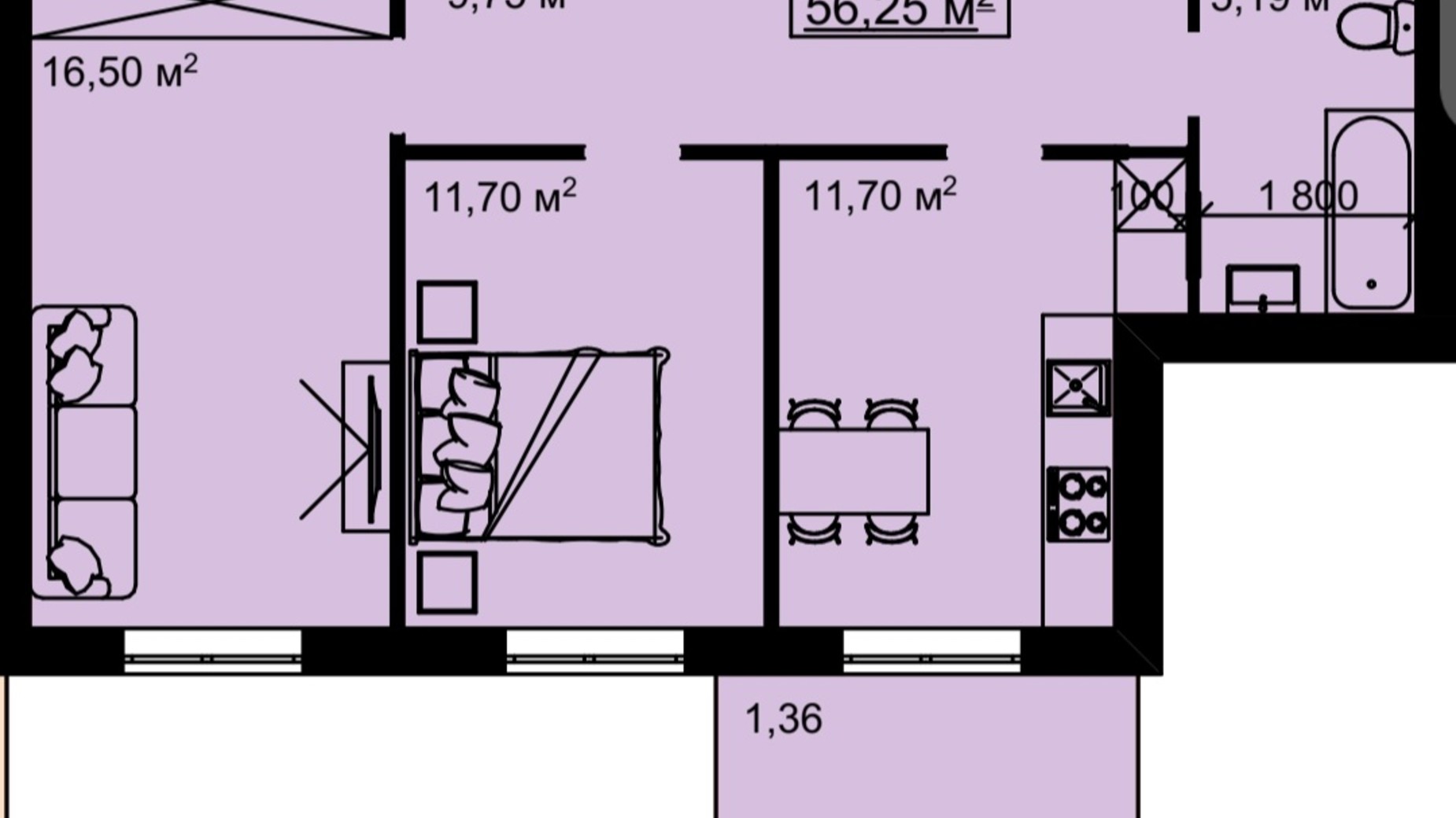 Планування 2-кімнатної квартири в ЖК на Білогірській 56.25 м², фото 502260