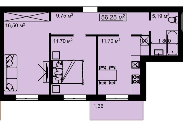 ЖК на Білогірській: планування 2-кімнатної квартири 56.25 м²