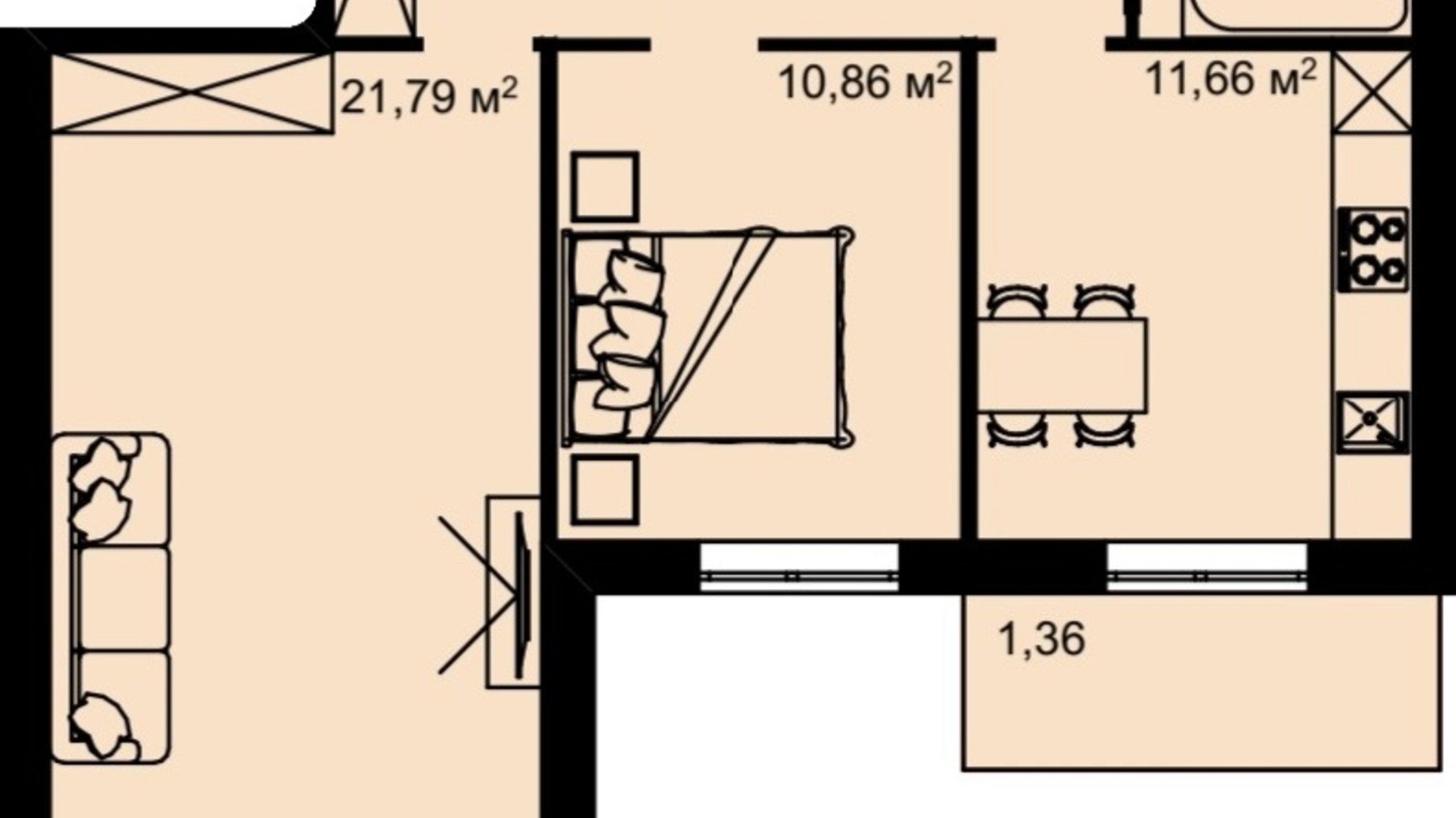 Планировка 2-комнатной квартиры в ЖК на Белогорской 59.63 м², фото 502261