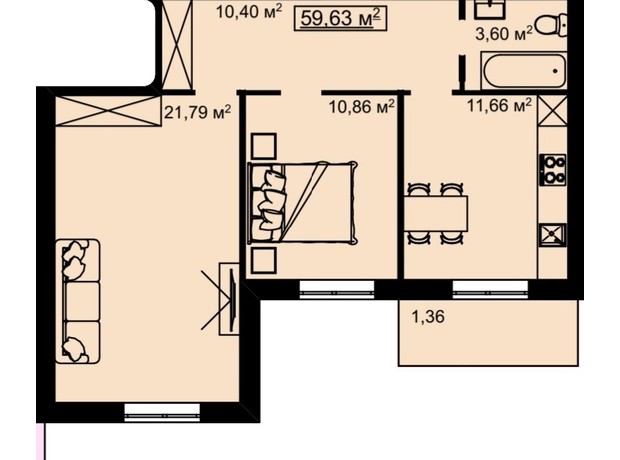 ЖК на Білогірській: планування 2-кімнатної квартири 59.63 м²