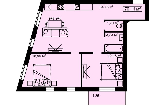 ЖК на Белогорской: планировка 2-комнатной квартиры 70.11 м²