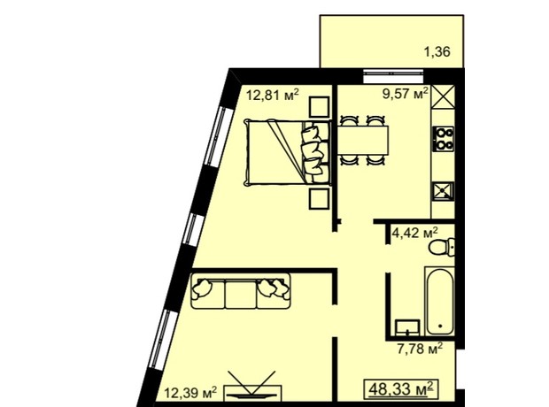 ЖК на Білогірській: планування 2-кімнатної квартири 48.33 м²
