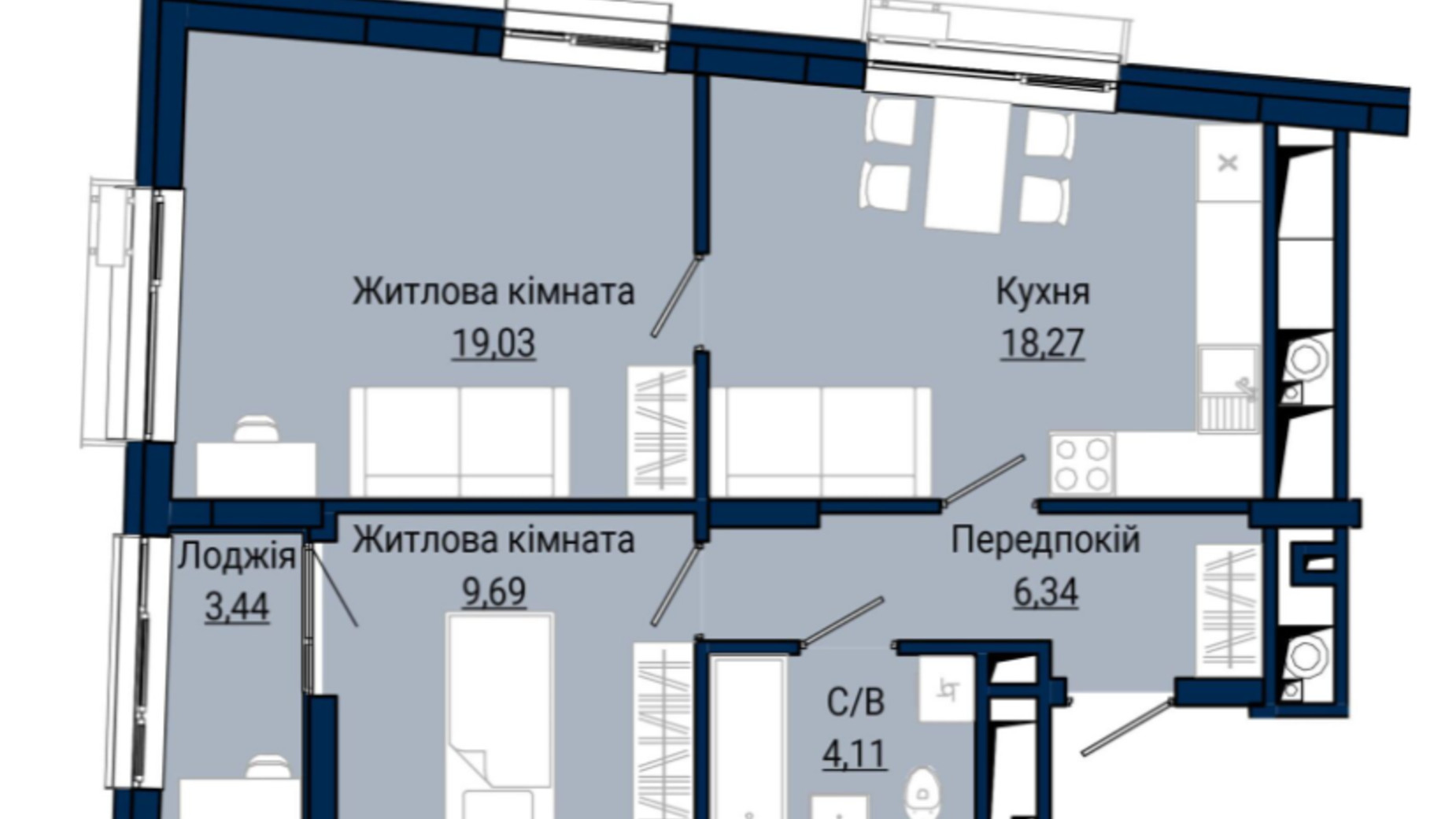 Планировка 2-комнатной квартиры в ЖК Helga 60.87 м², фото 502296