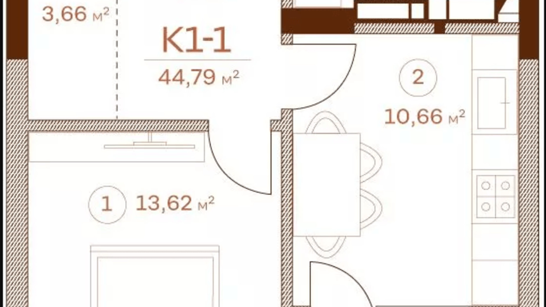 Планировка 1-комнатной квартиры в ЖК Stanford 44.79 м², фото 502373