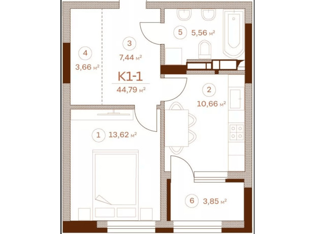 ЖК Stanford: планировка 1-комнатной квартиры 44.79 м²