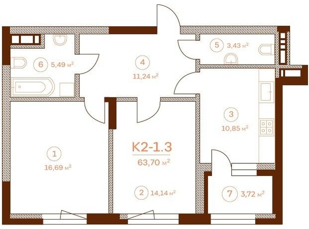 ЖК Stanford: планировка 2-комнатной квартиры 63.7 м²