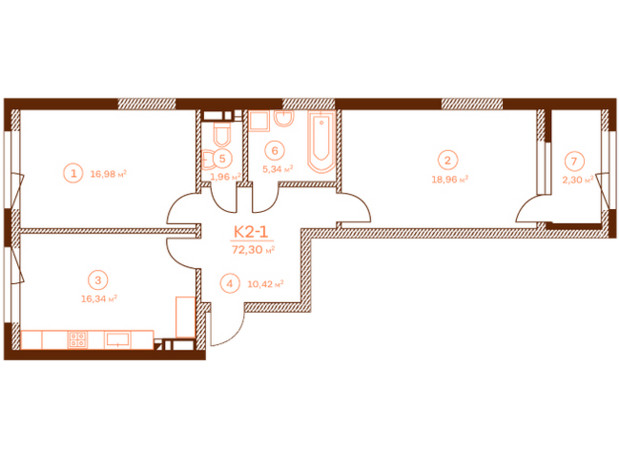 ЖК Stanford: планування 2-кімнатної квартири 72.3 м²