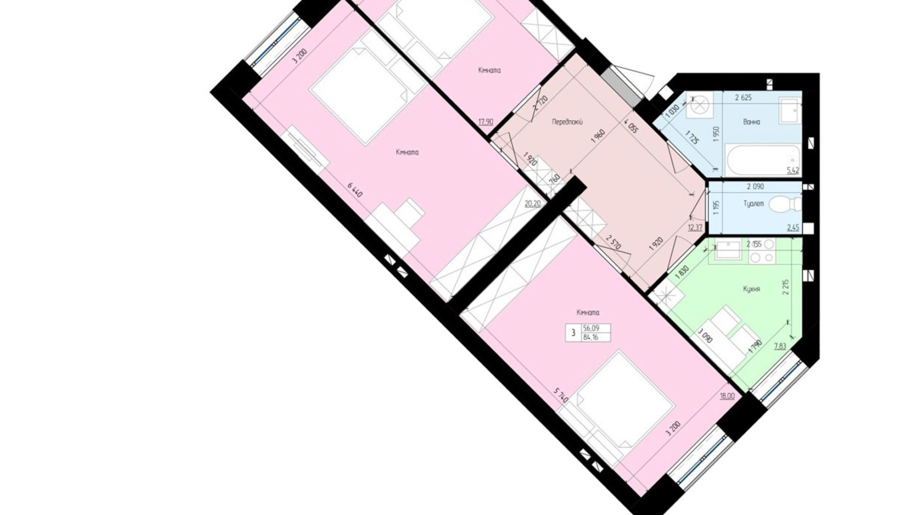 Планировка 3-комнатной квартиры в ЖК София 85.7 м², фото 502455