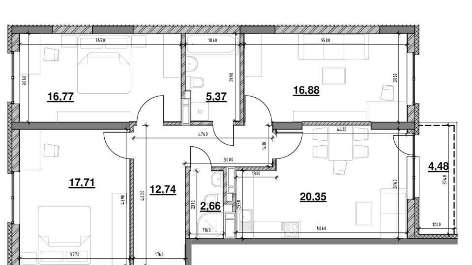 Планування 3-кімнатної квартири в ЖК Ok'Land 98.48 м², фото 502513