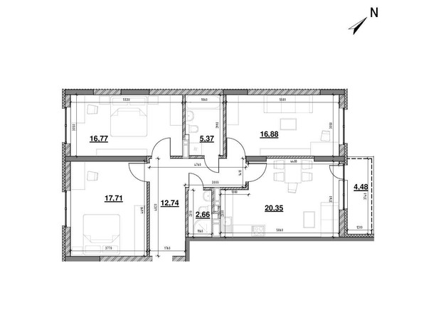 ЖК Ok'Land: планировка 3-комнатной квартиры 96.96 м²