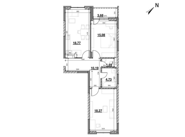ЖК Ok'Land: планировка 2-комнатной квартиры 72.41 м²