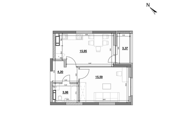 ЖК Ok'Land: планировка 1-комнатной квартиры 43.09 м²