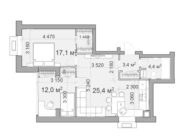 ЖК Forest hill: планування 2-кімнатної квартири 61.2 м²