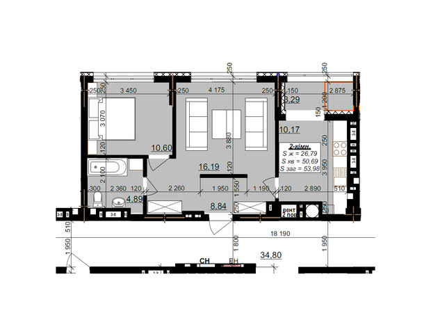 ЖК Millennium: планування 2-кімнатної квартири 53.98 м²