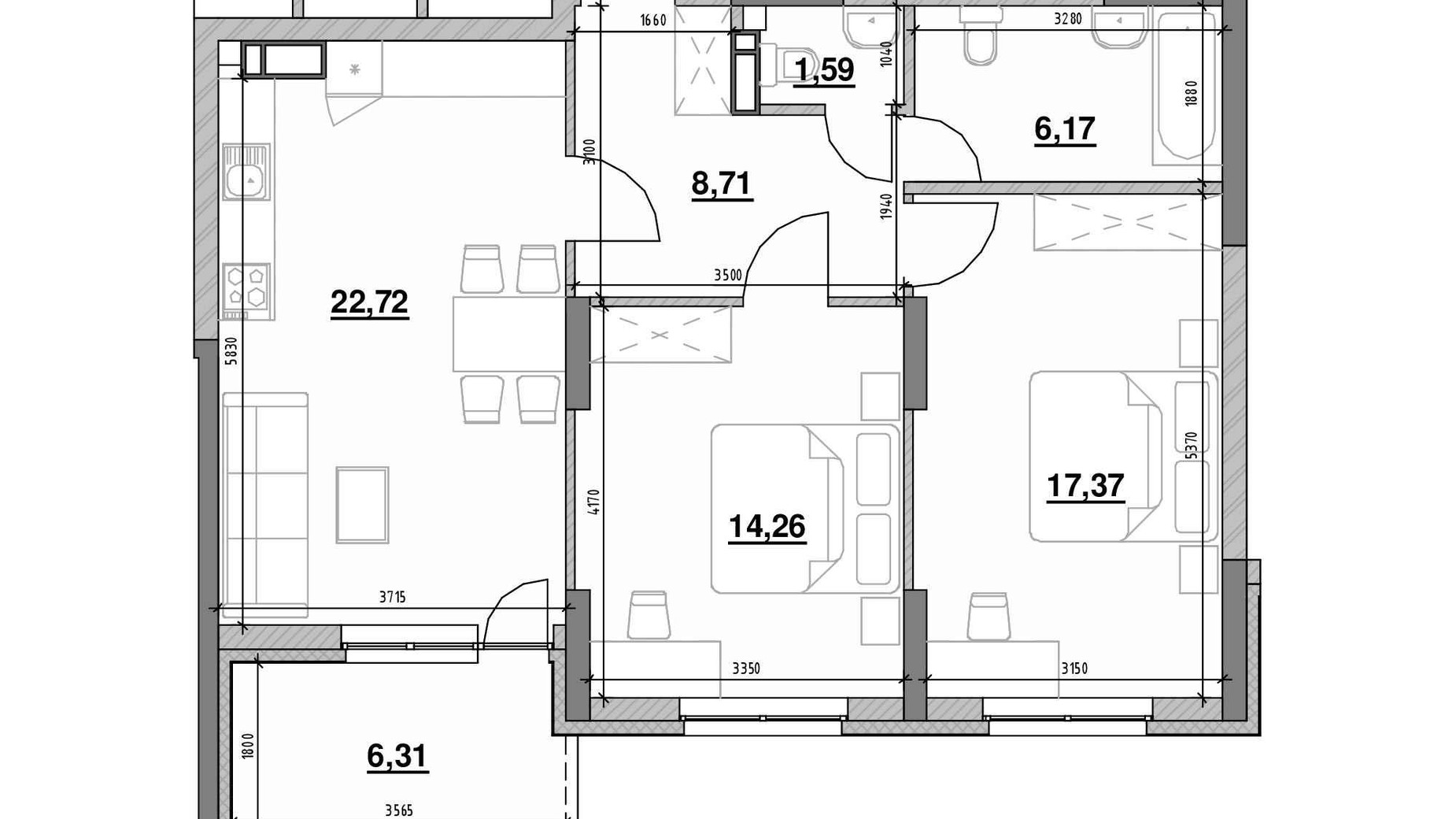 Планування 2-кімнатної квартири в ЖК Ok'Land 77.13 м², фото 502996