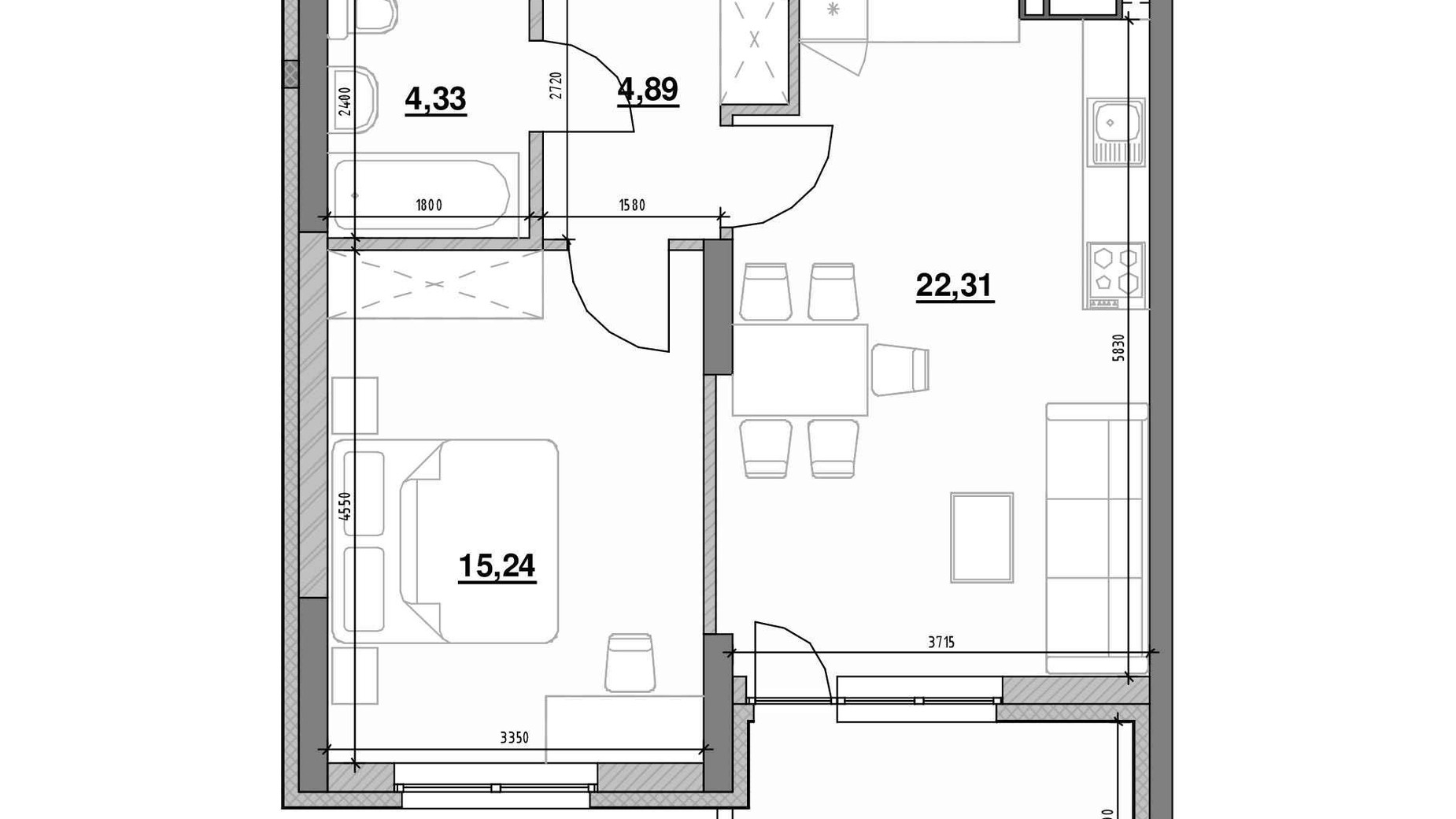 Планування 1-кімнатної квартири в ЖК Ok'Land 53.08 м², фото 503002