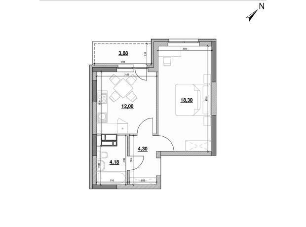 ЖК Ok'Land: планировка 1-комнатной квартиры 42.66 м²