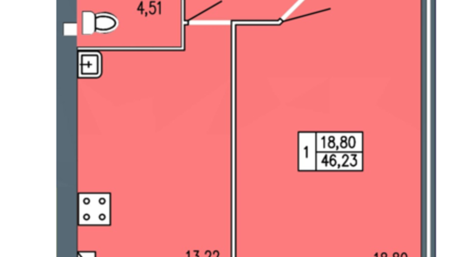 Планування 1-кімнатної квартири в ЖК Барбарис 46.23 м², фото 503028