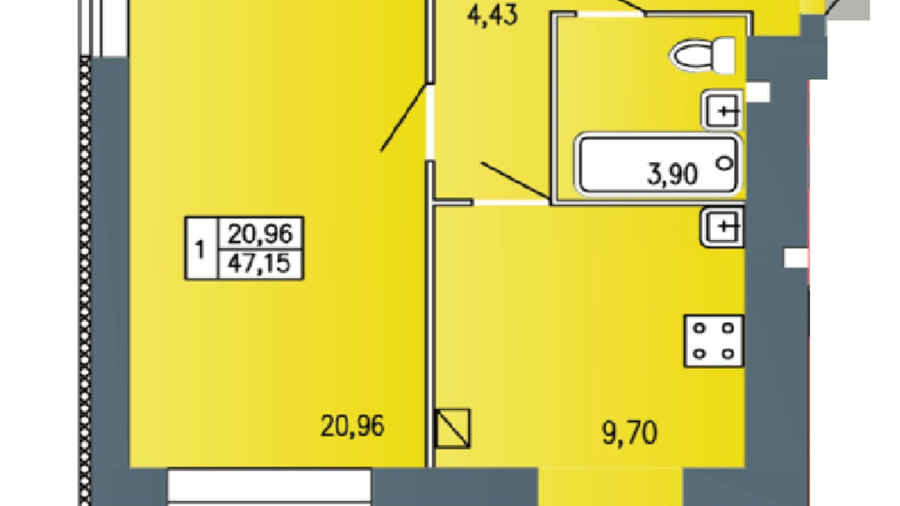 Планировка 1-комнатной квартиры в ЖК Барбарис 47.15 м², фото 503029