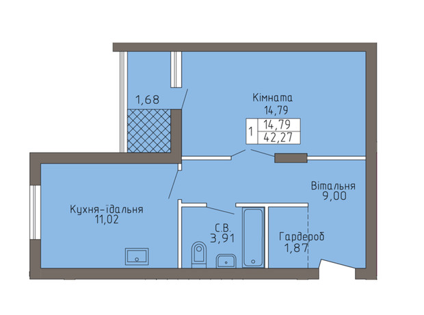 ЖК Магнолія: планування 1-кімнатної квартири 42.27 м²