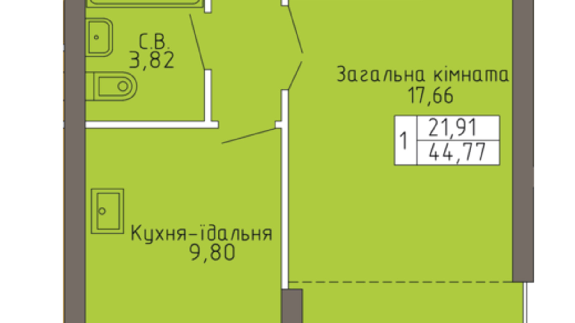 Планування 1-кімнатної квартири в ЖК Магнолія 44.77 м², фото 503598