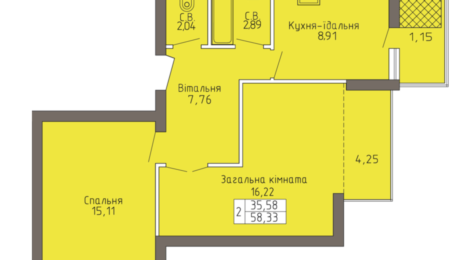 Планування 2-кімнатної квартири в ЖК Магнолія 58.33 м², фото 503599