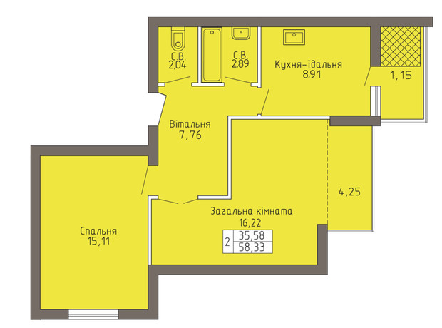 ЖК Магнолія: планування 2-кімнатної квартири 58.33 м²