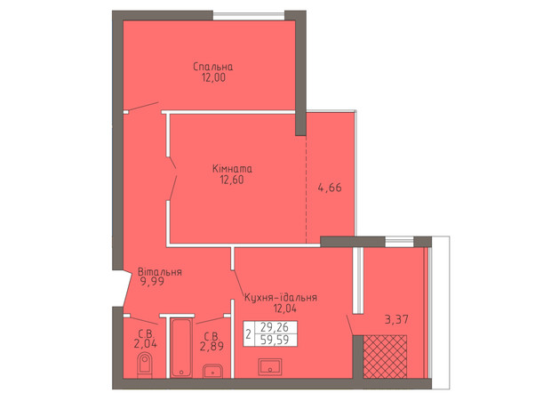 ЖК Магнолія: планування 2-кімнатної квартири 59.59 м²