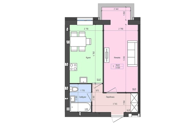 ЖК Софія: планування 1-кімнатної квартири 41 м²