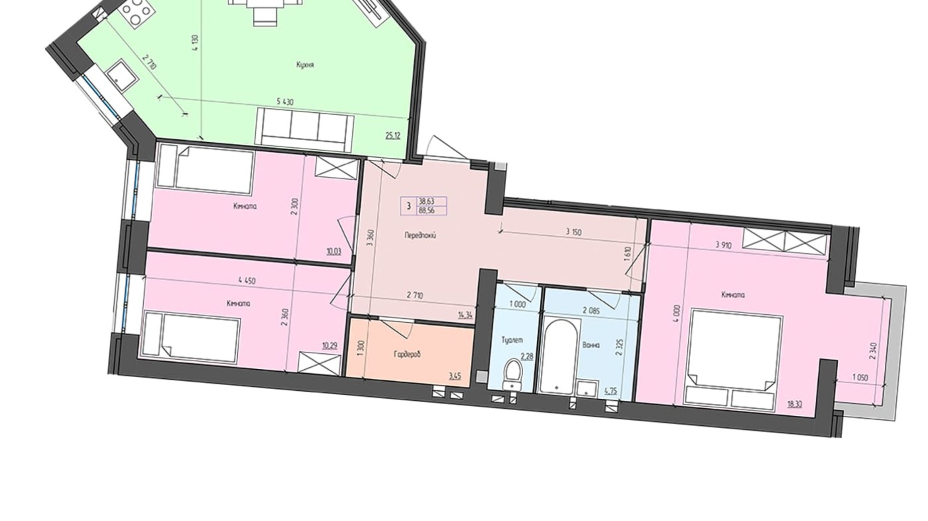 Планування 3-кімнатної квартири в ЖК Софія 88.56 м², фото 503719