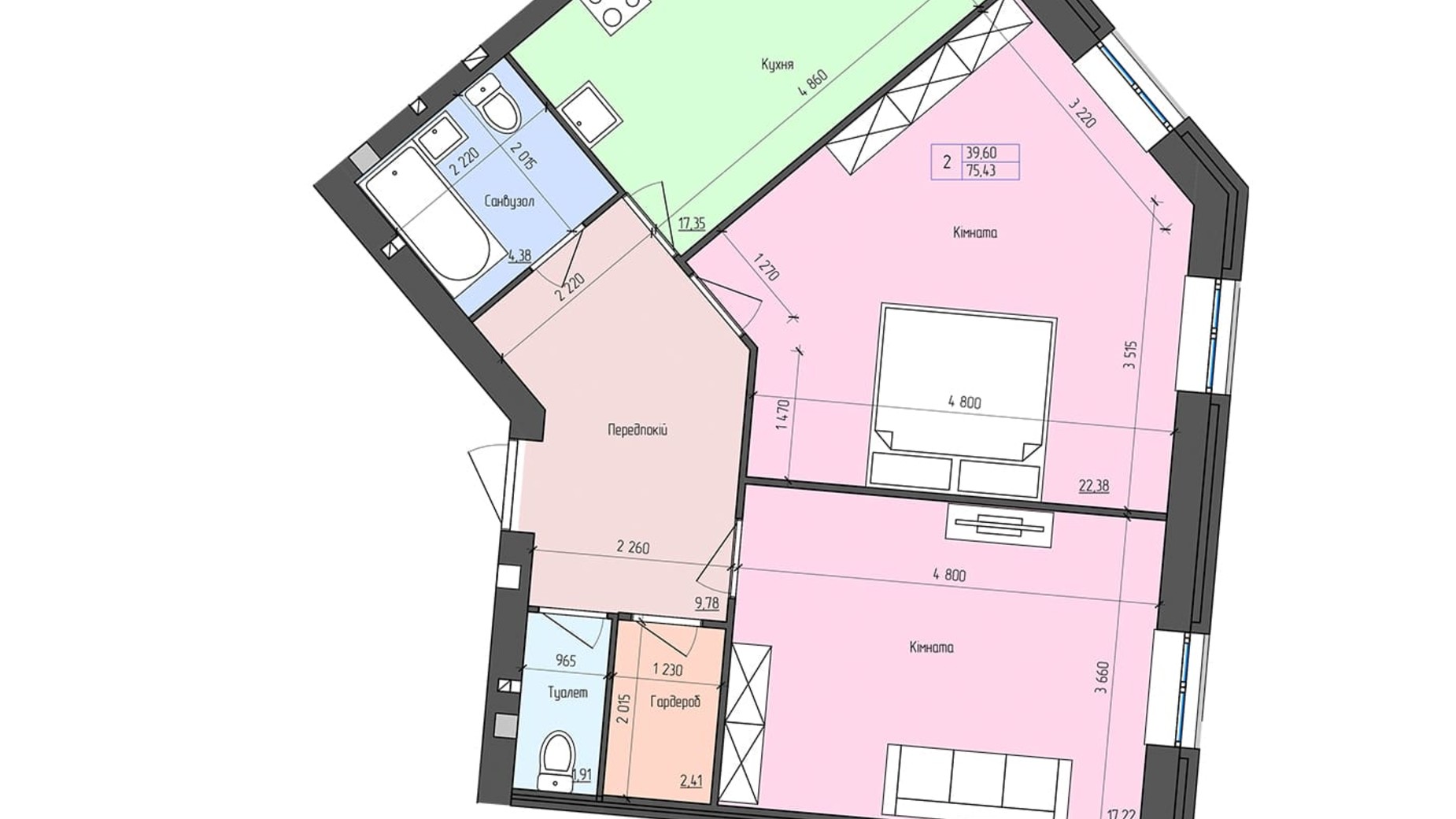 Планування 2-кімнатної квартири в ЖК Софія 75.43 м², фото 503721