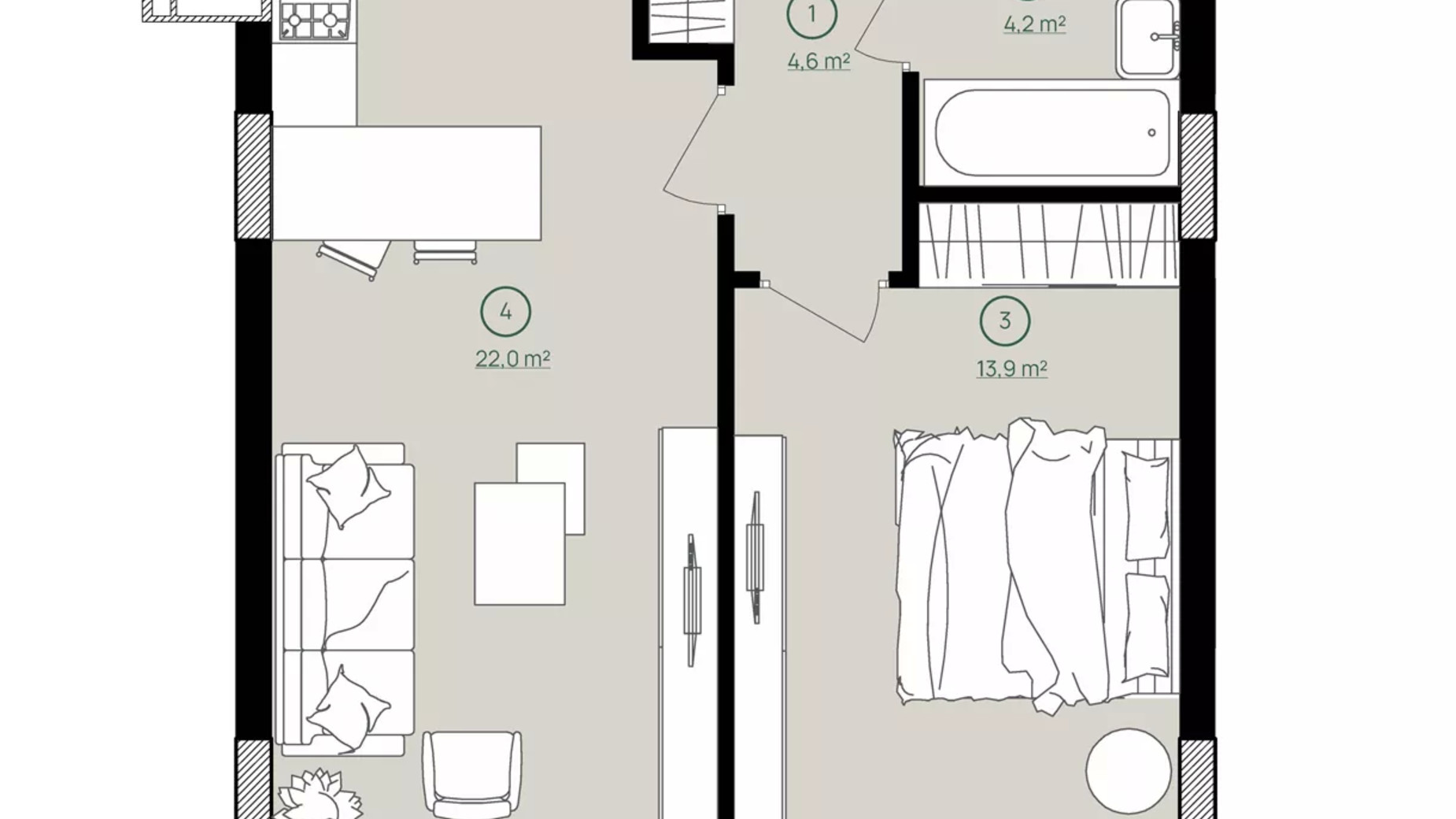 Планування 1-кімнатної квартири в ЖК Будинок на Вавілових 45.8 м², фото 503743