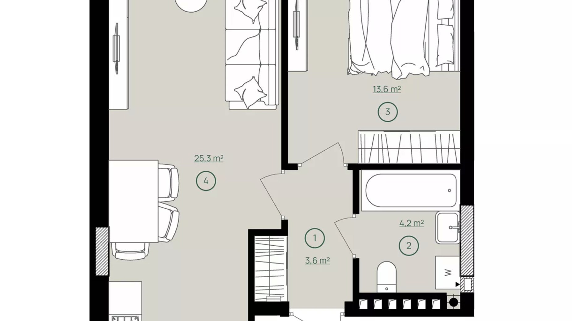 Секция 2, квартира 1-комнатная, общая площадь 46.7 м² Планировка 1-комнатной квартиры в ЖК Дом на Вавиловых 46.7 м², фото 503748