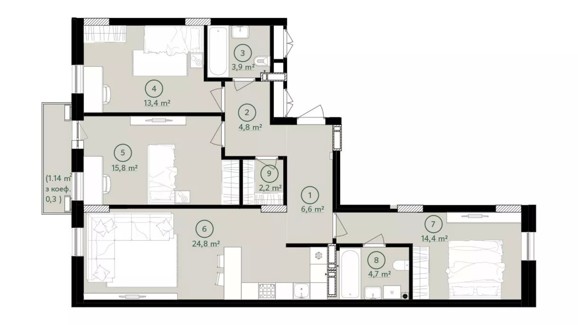 Планировка 3-комнатной квартиры в ЖК Дом на Вавиловых 91.7 м², фото 503753